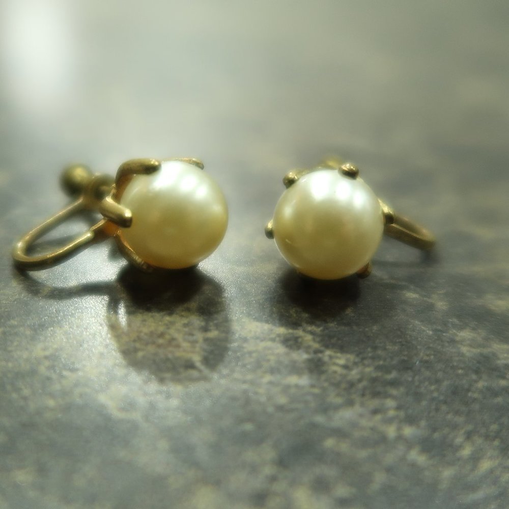 Gold and Pearl Screw Back Earrings